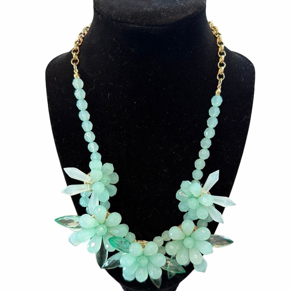SugarFix statement necklace aqua beaded gold tone floral